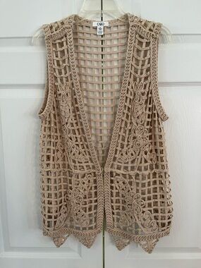 Cato Boho Tan Crochet Open Knit Vest - Sleeveless Cardigan - XL